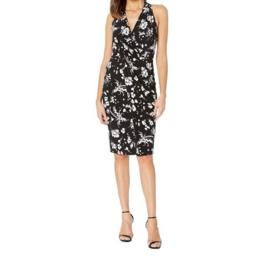 Chaps Dress S Small Black White Floral Sleeveless Stretch V Neck Washable